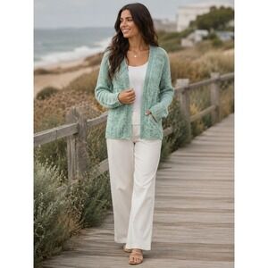 Wooden Ships Open Knit Cardigan Sweater S M Mint Green Lightweight Boho Costal